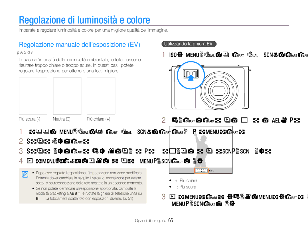 Samsung EC-EX1ZZZBPAIT, EC-EX1ZZZBPBIT Regolazione di luminosità e colore, Regolazione manuale dellesposizione EV 