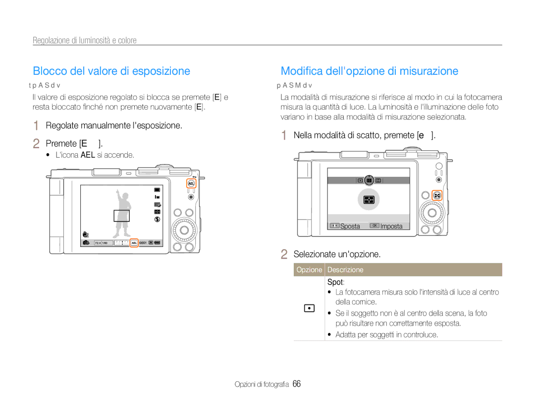 Samsung EC-EX1ZZZBPAE3, EC-EX1ZZZBPBIT, EC-EX1ZZZBPAIT Blocco del valore di esposizione, Modiﬁca dellopzione di misurazione 