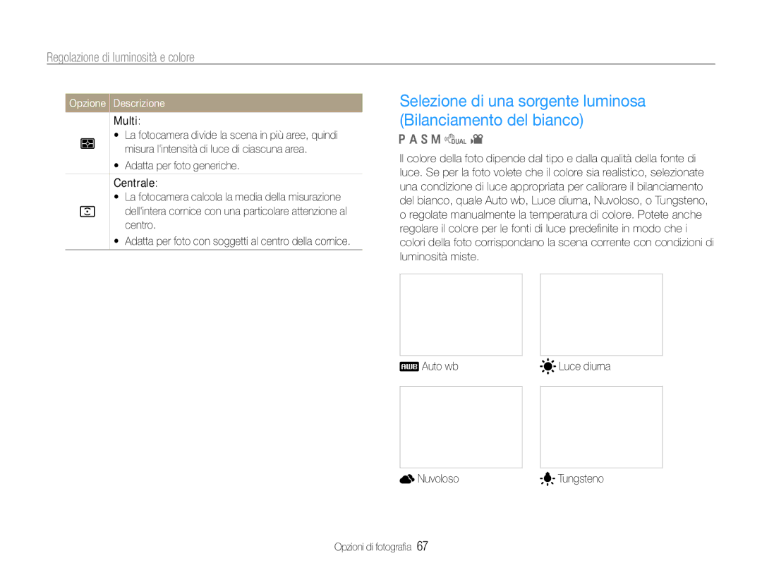 Samsung EC-EX1ZZZBPBE3, EC-EX1ZZZBPBIT, EC-EX1ZZZBPAIT Multi, Auto wb Nuvoloso Luce diurna Tungsteno Opzioni di fotograﬁa 