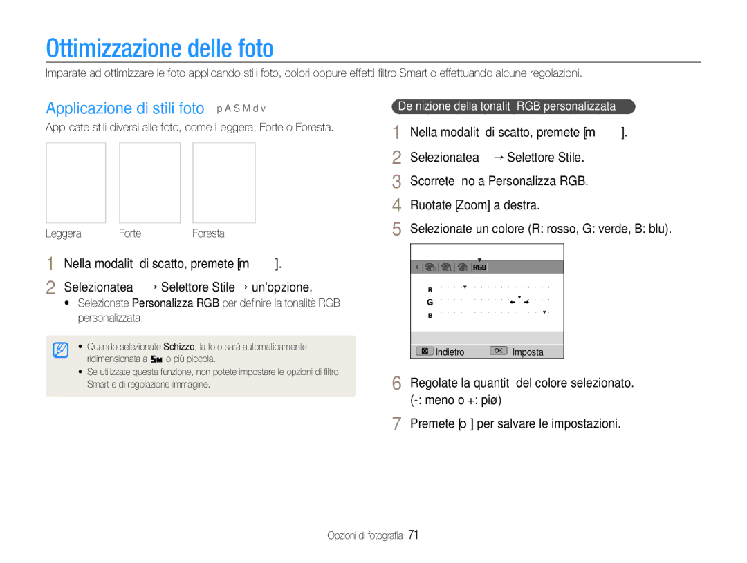 Samsung EC-EX1ZZZBPAE3 manual Ottimizzazione delle foto, Applicazione di stili foto p a S M d, Leggera Forte Foresta 