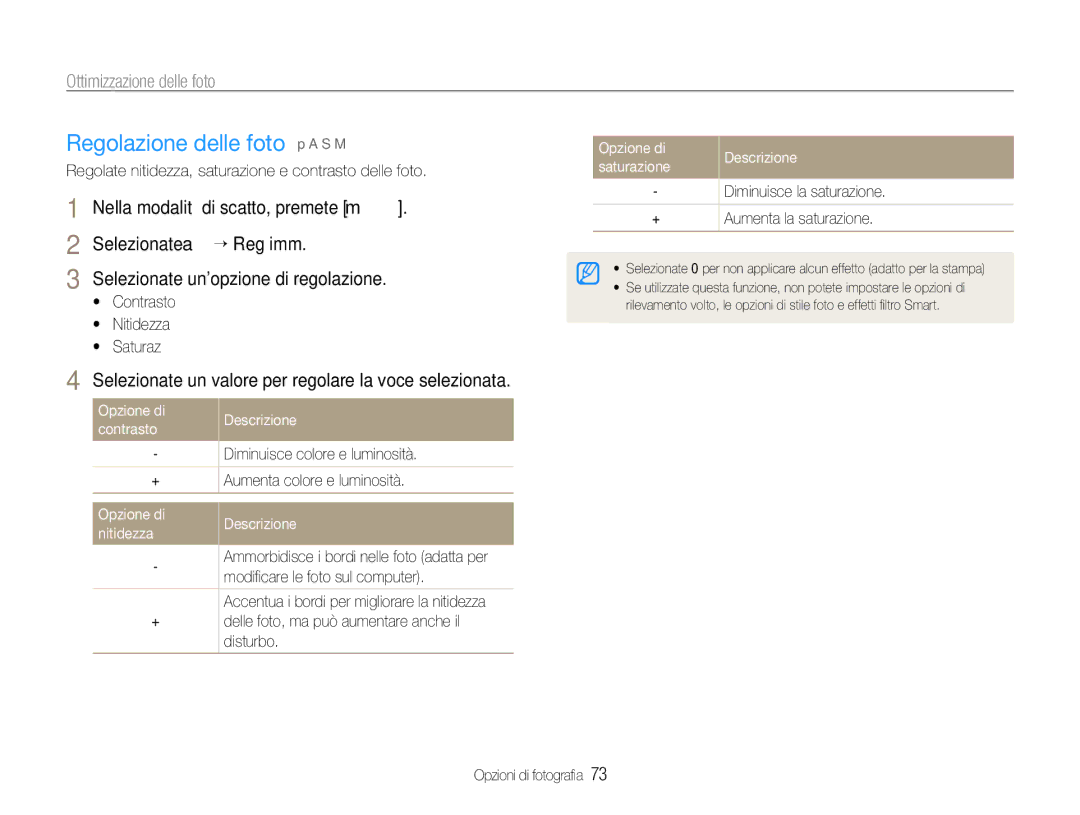 Samsung EC-EX1ZZZBPBE2 manual Regolazione delle foto p a S M, Selezionate un valore per regolare la voce selezionata 