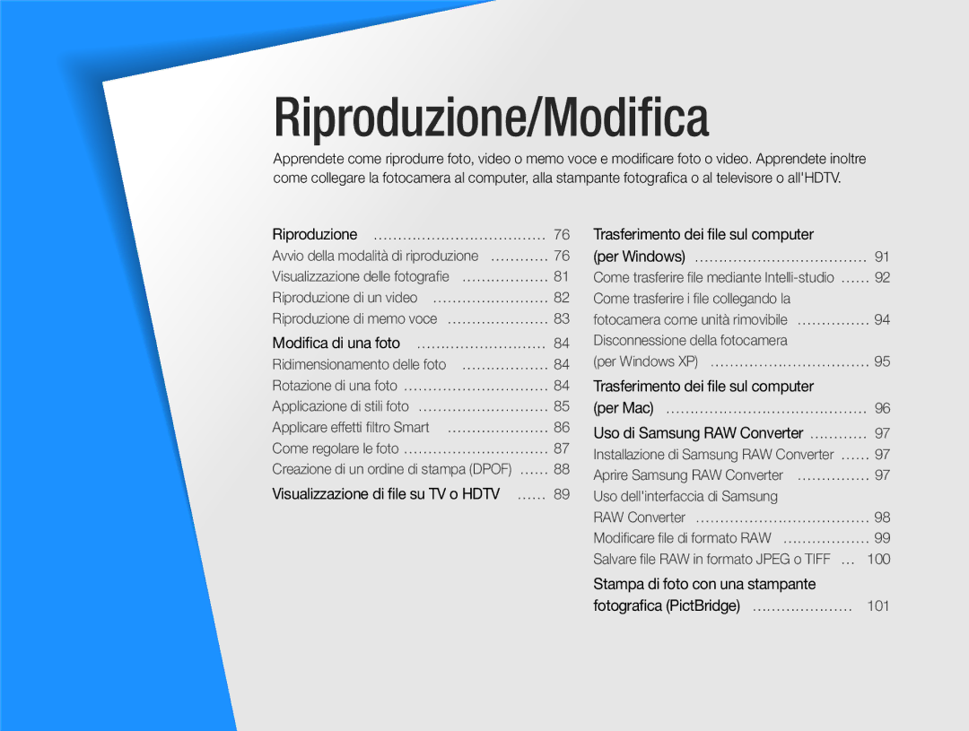 Samsung EC-EX1ZZZBPAIT, EC-EX1ZZZBPBIT, EC-EX1ZZZBPAE3 manual Riproduzione/Modiﬁca, Visualizzazione di ﬁle su TV o Hdtv …… 