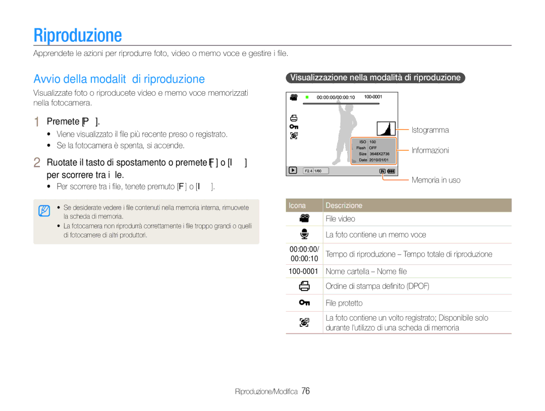 Samsung EC-EX1ZZZBPAE3, EC-EX1ZZZBPBIT, EC-EX1ZZZBPAIT manual Riproduzione, Avvio della modalità di riproduzione, Premete P 