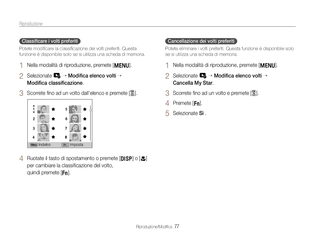 Samsung EC-EX1ZZZBPBE3, EC-EX1ZZZBPBIT manual Riproduzione, Classiﬁcare i volti preferiti, Cancellazione dei volti preferiti 