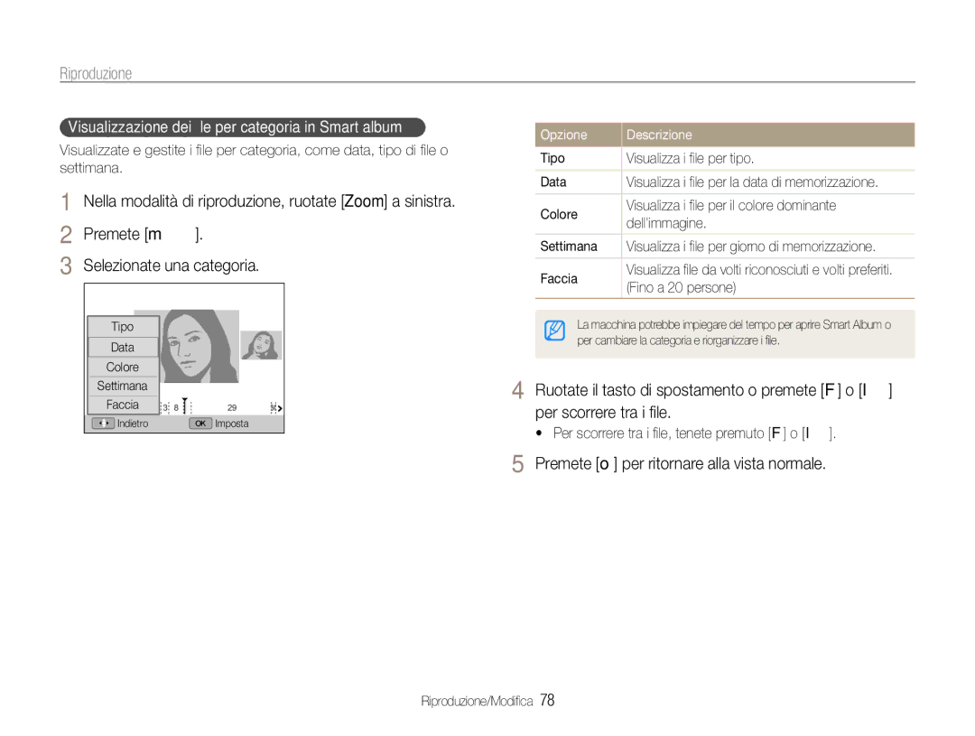 Samsung EC-EX1ZZZBPBE2 Premete o per ritornare alla vista normale, Visualizzazione dei ﬁle per categoria in Smart album 