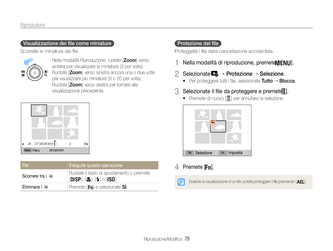 Samsung EC-EX1ZZZBPBIT Selezionate il ﬁle da proteggere e premete o, Premete f, Visualizzazione dei ﬁle come miniature 