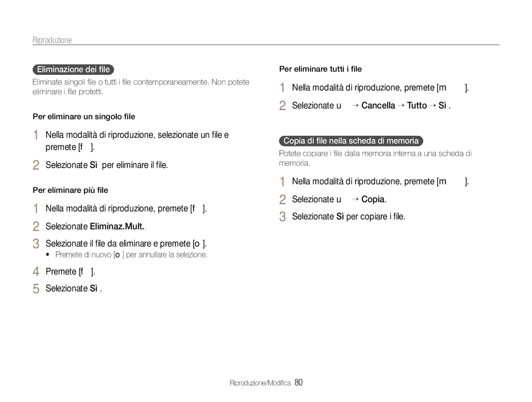 Samsung EC-EX1ZZZBPAIT manual Premete f Selezionate Sì, Eliminazione dei ﬁle, Copia di ﬁle nella scheda di memoria 