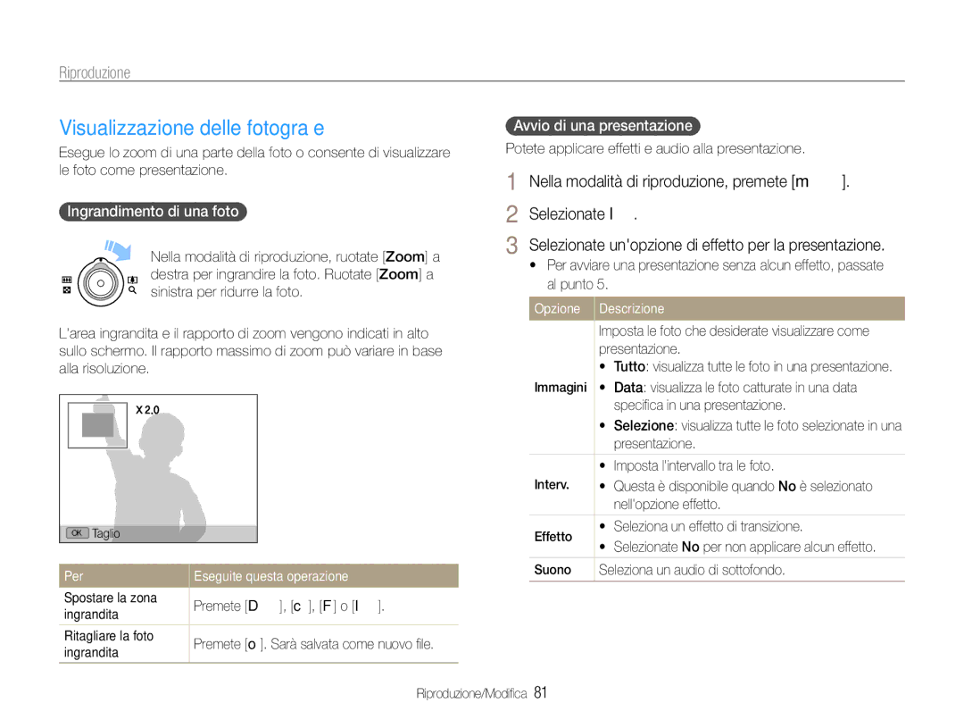 Samsung EC-EX1ZZZBPAE3 manual Visualizzazione delle fotograﬁe, Nella modalità di riproduzione, premete m Selezionate l 