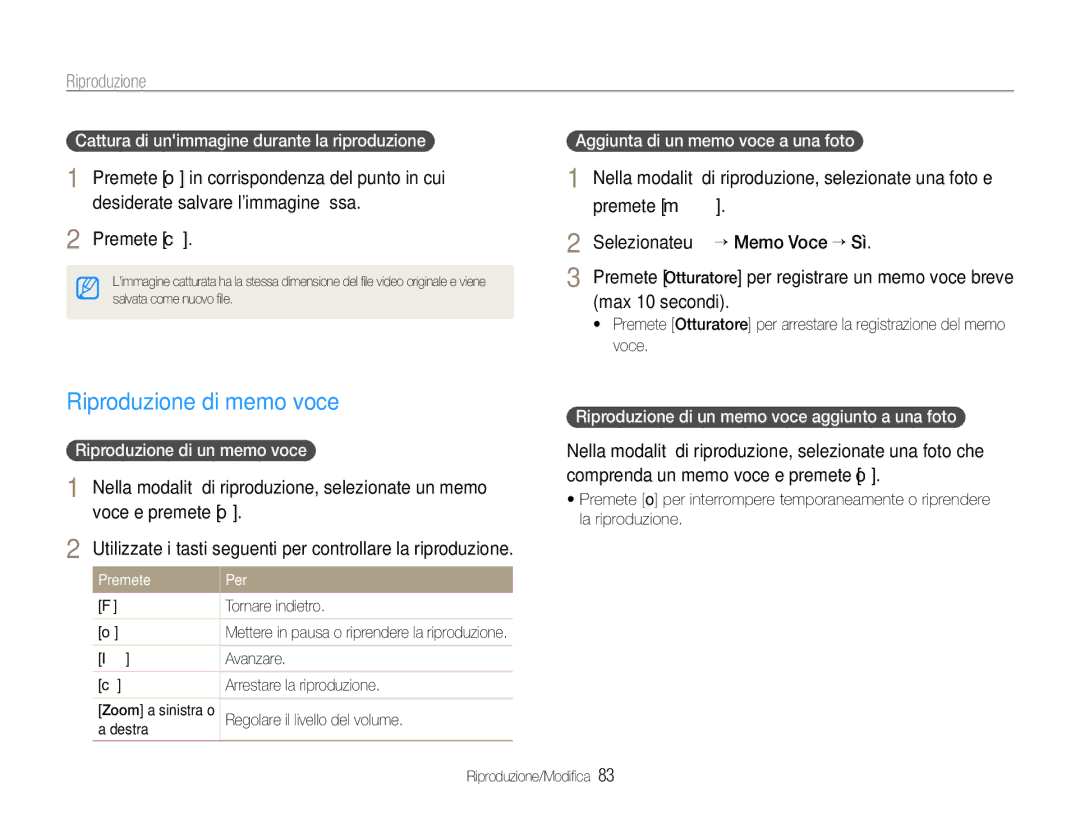 Samsung EC-EX1ZZZBPBE2, EC-EX1ZZZBPBIT manual Riproduzione di memo voce, Cattura di unimmagine durante la riproduzione 