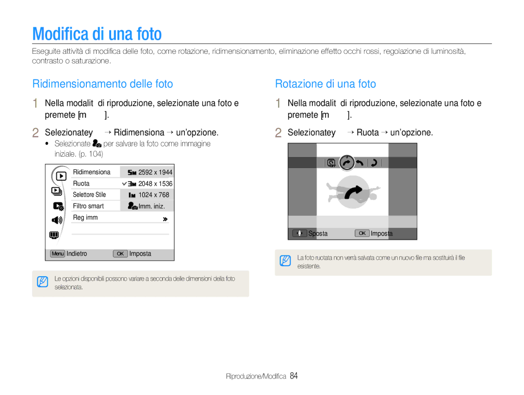 Samsung EC-EX1ZZZBPBIT, EC-EX1ZZZBPAIT manual Modiﬁca di una foto, Ridimensionamento delle foto, Rotazione di una foto 