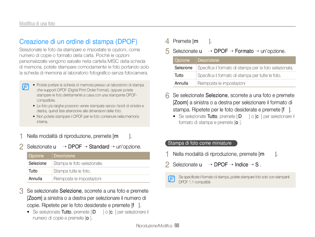 Samsung EC-EX1ZZZBPBE2, EC-EX1ZZZBPBIT, EC-EX1ZZZBPAIT Creazione di un ordine di stampa Dpof, Stampa di foto come miniature 