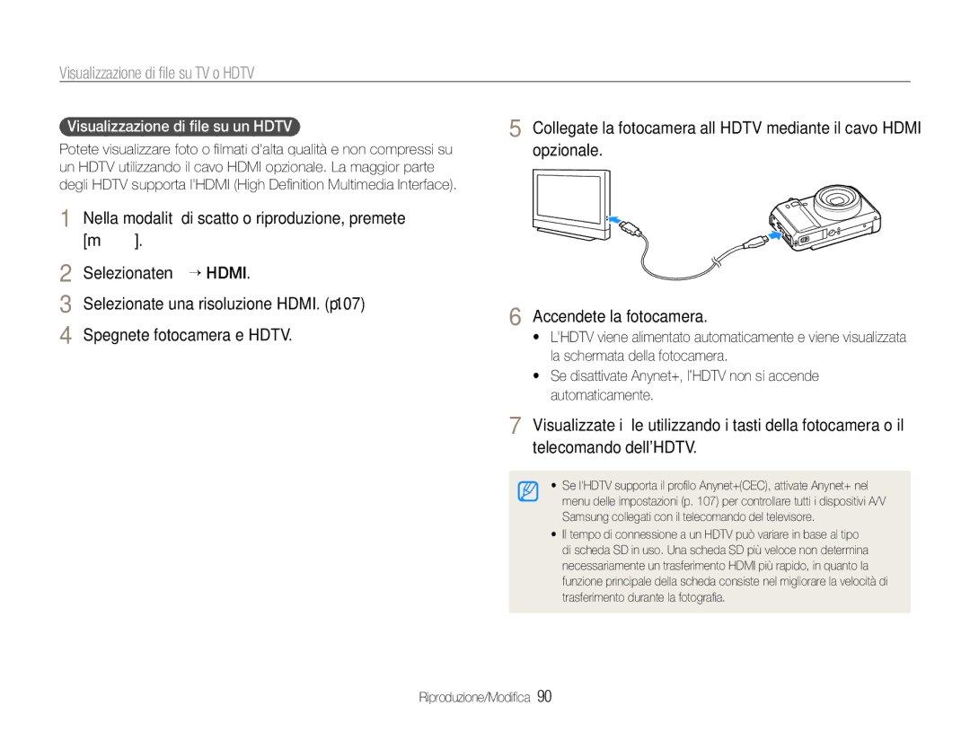 Samsung EC-EX1ZZZBPAIT, EC-EX1ZZZBPBIT manual Visualizzazione di ﬁle su TV o Hdtv, Visualizzazione di ﬁle su un Hdtv 