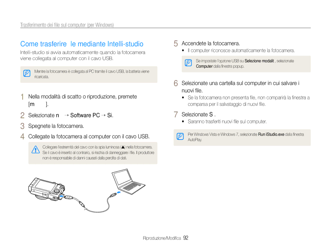 Samsung EC-EX1ZZZBPBE3 manual Come trasferire ﬁle mediante Intelli-studio, Trasferimento dei ﬁle sul computer per Windows 