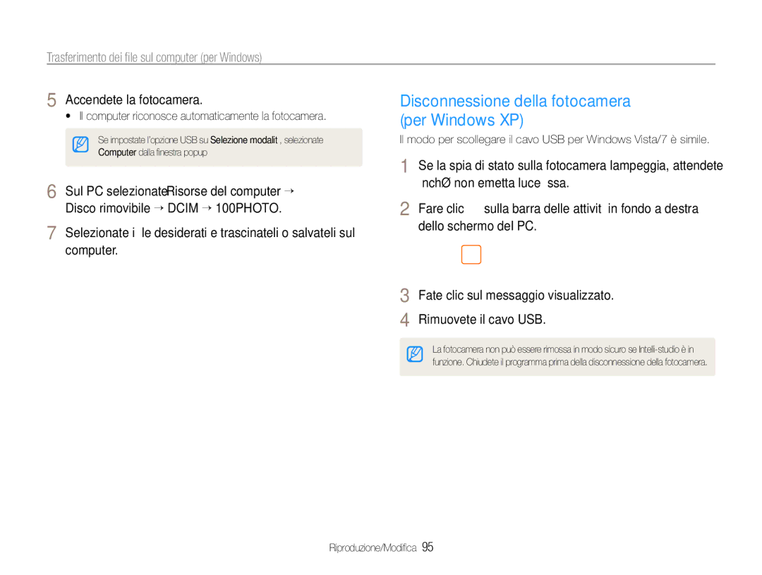 Samsung EC-EX1ZZZBPAIT, EC-EX1ZZZBPBIT, EC-EX1ZZZBPAE3, EC-EX1ZZZBPBE3 manual Disconnessione della fotocamera per Windows XP 