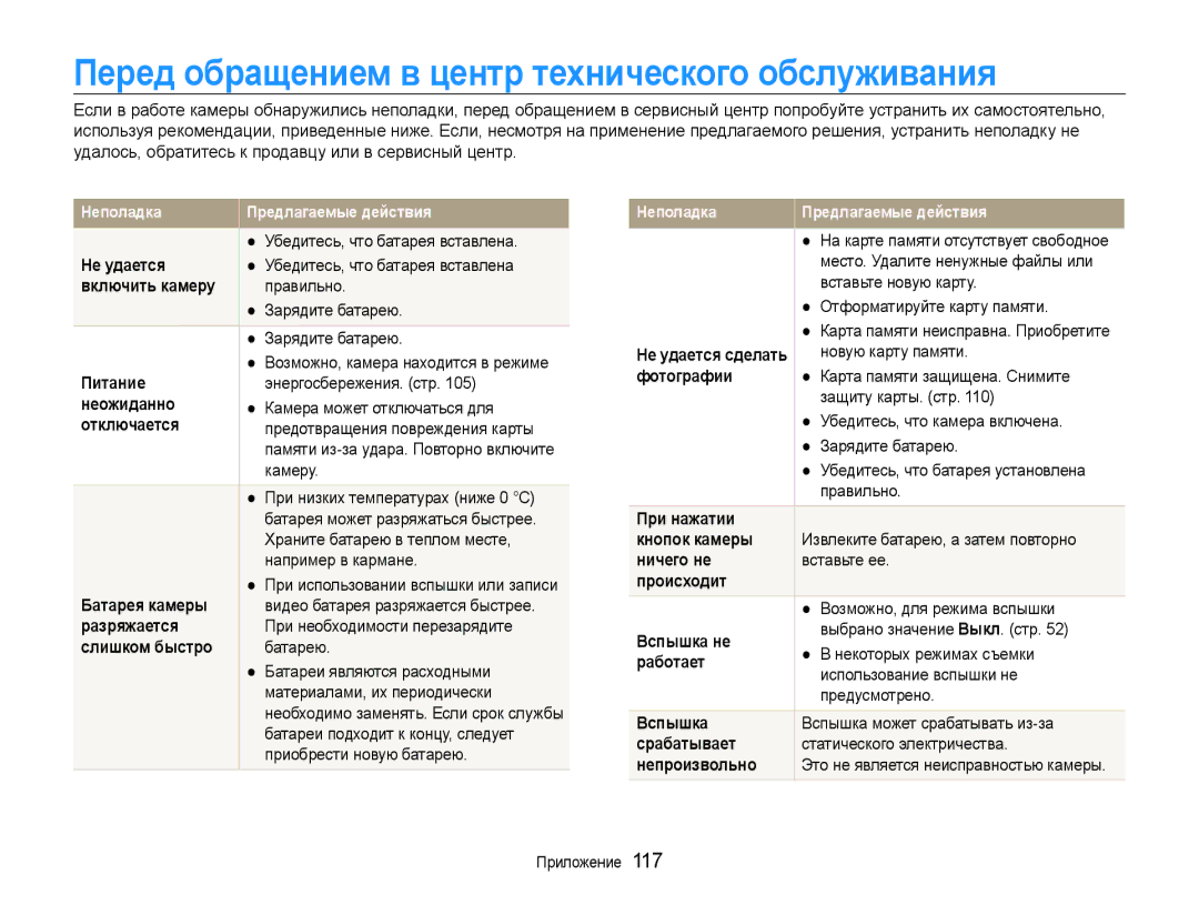 Samsung EC-EX1ZZZFPARU manual Перед обращением в центр технического обслуживания, Не удается, Включить камеру Правильно 