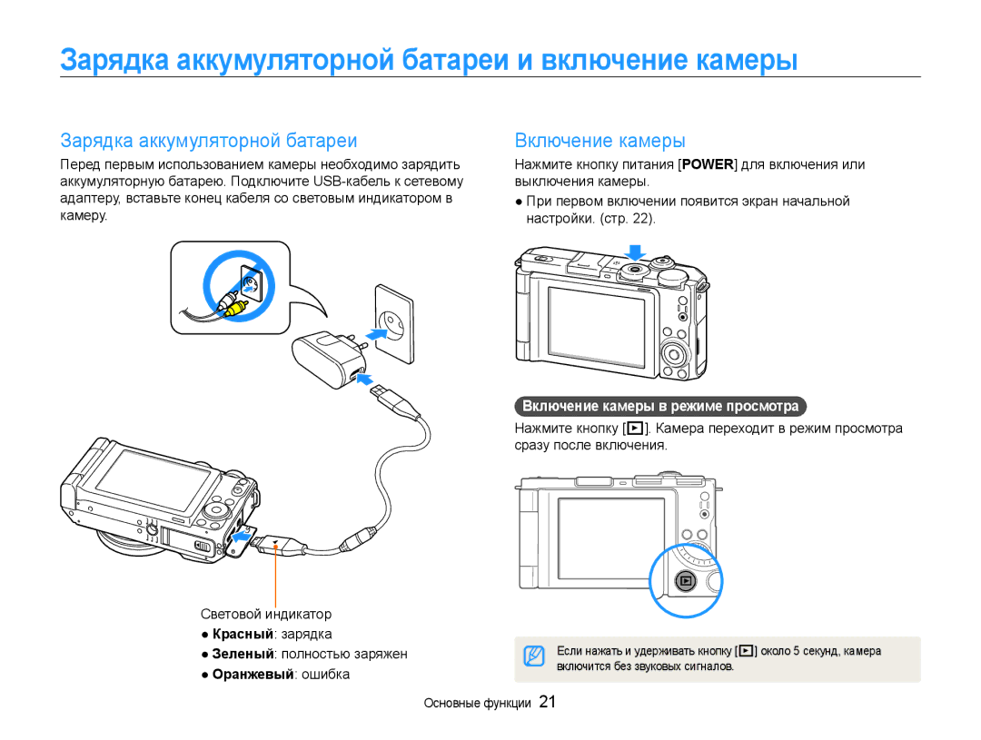 Samsung EC-EX1ZZZFPARU manual Зарядка аккумуляторной батареи и включение камеры, Включение камеры, Оранжевый ошибка 