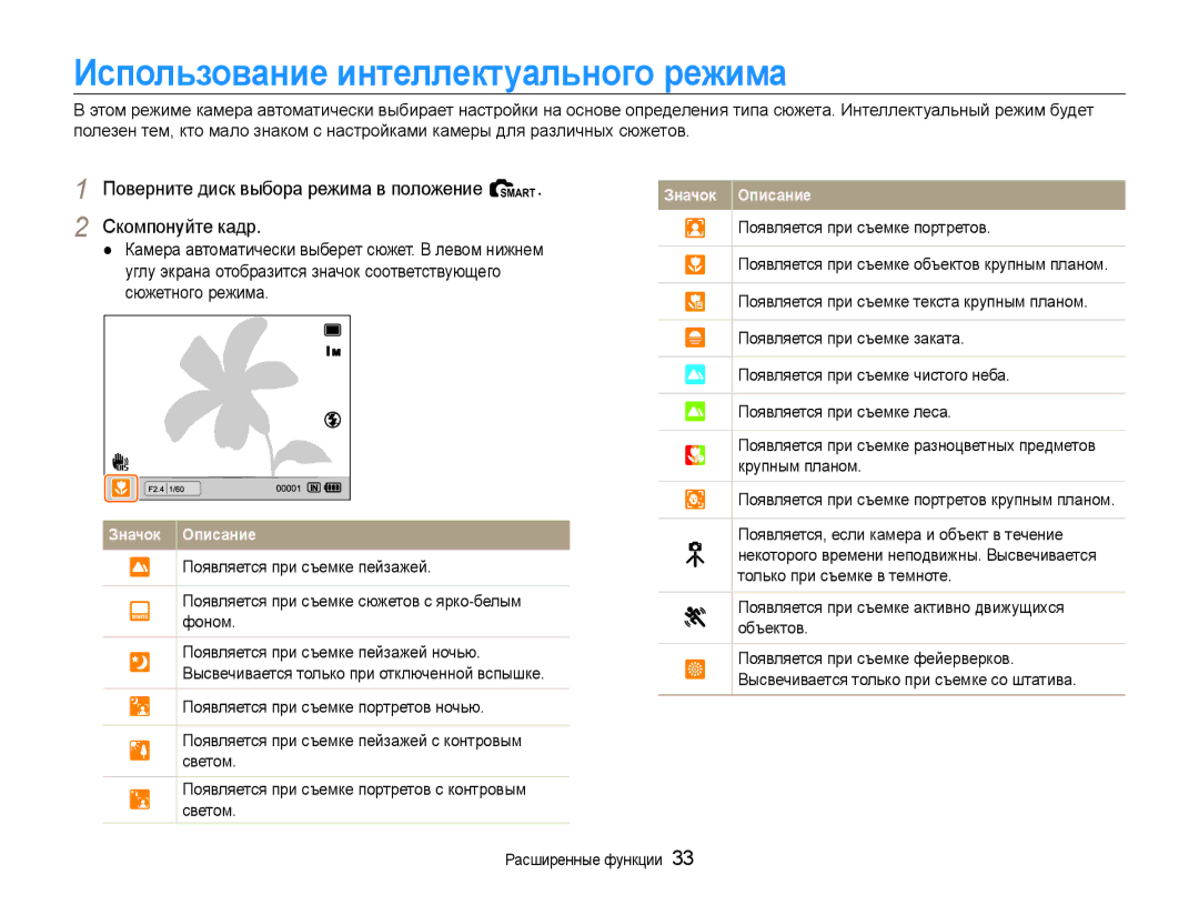 Samsung EC-EX1ZZZFPARU, EC-EX1ZZZBPBRU Использование интеллектуального режима, Поверните диск выбора режима в положение t 