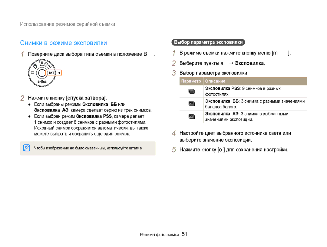 Samsung EC-EX1ZZZBPBRU, EC-EX1ZZZBPARU, EC-EX1ZZZFPARU Снимки в режиме эксповилки, Использование режимов серийной съемки 