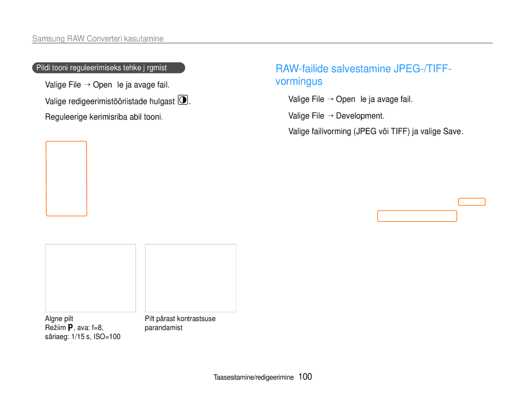 Samsung EC-EX1ZZZBPBRU manual RAW-failide salvestamine JPEG-/TIFF- vormingus, Valige File “ Open ﬁle ja avage fail 