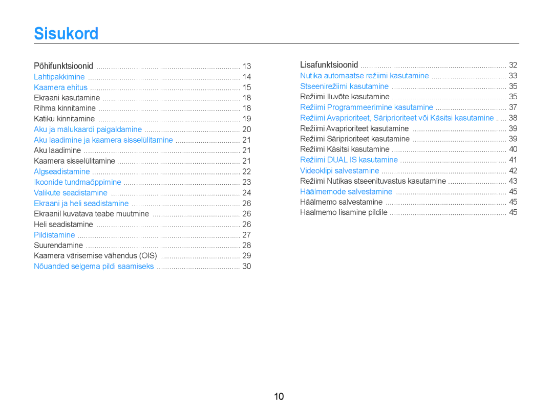 Samsung EC-EX1ZZZBPBRU manual Sisukord, Stseenirežiimi kasutamine Režiimi Iluvõte kasutamine 