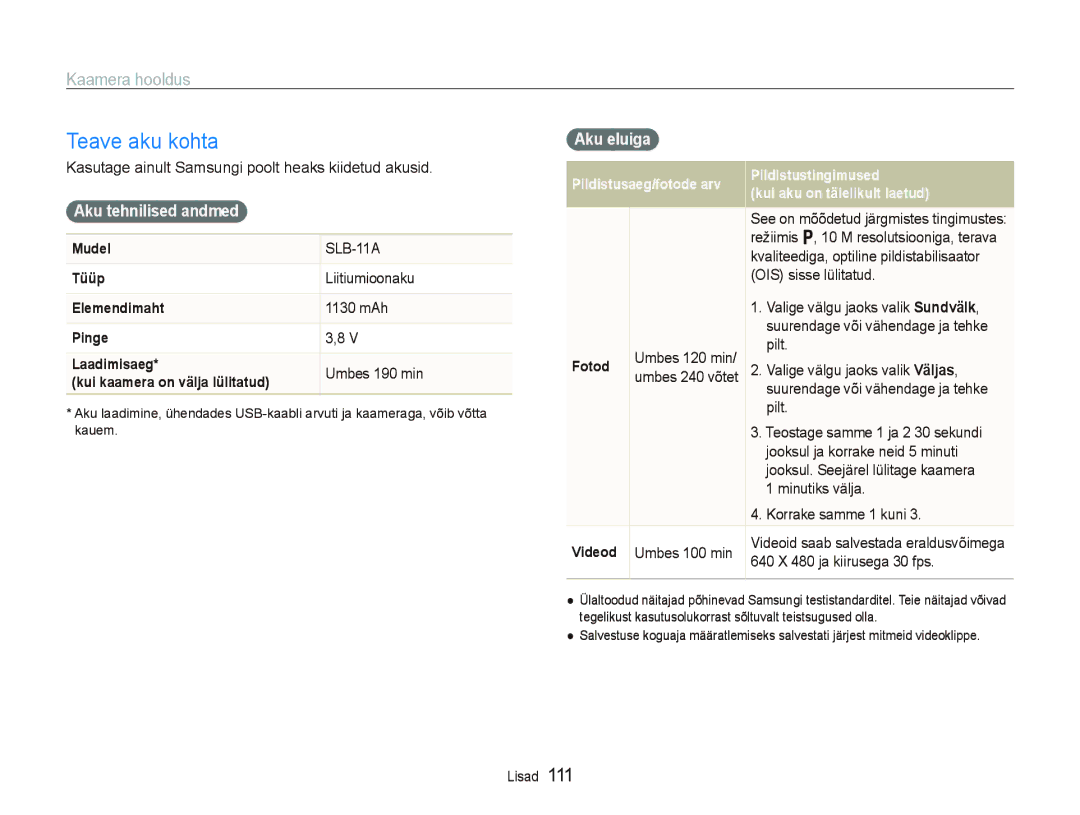 Samsung EC-EX1ZZZBPBRU manual Teave aku kohta, Aku tehnilised andmed, Aku eluiga 