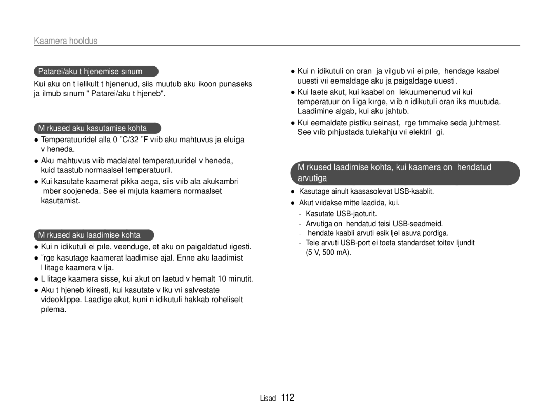 Samsung EC-EX1ZZZBPBRU manual Patarei/aku tühjenemise sõnum, Märkused aku kasutamise kohta, Märkused aku laadimise kohta 