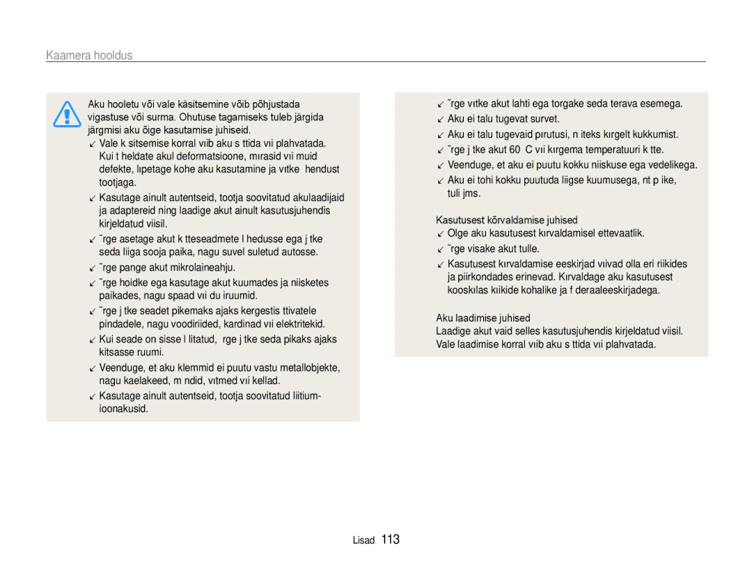 Samsung EC-EX1ZZZBPBRU manual Ärge pange akut mikrolaineahju, Kasutusest kõrvaldamise juhised, Aku laadimise juhised 