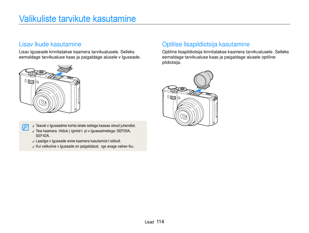 Samsung EC-EX1ZZZBPBRU manual Valikuliste tarvikute kasutamine, Lisavälkude kasutamine, Optilise lisapildiotsija kasutamine 