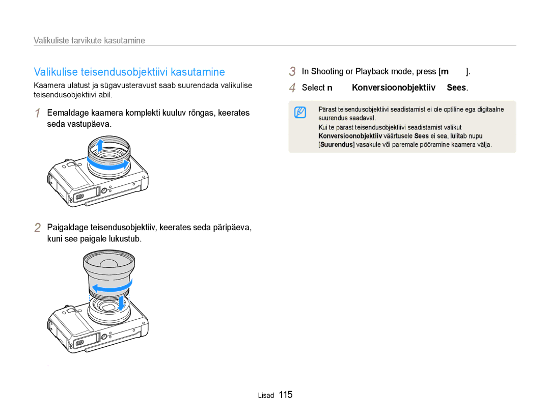 Samsung EC-EX1ZZZBPBRU manual Valikulise teisendusobjektiivi kasutamine, Valikuliste tarvikute kasutamine 