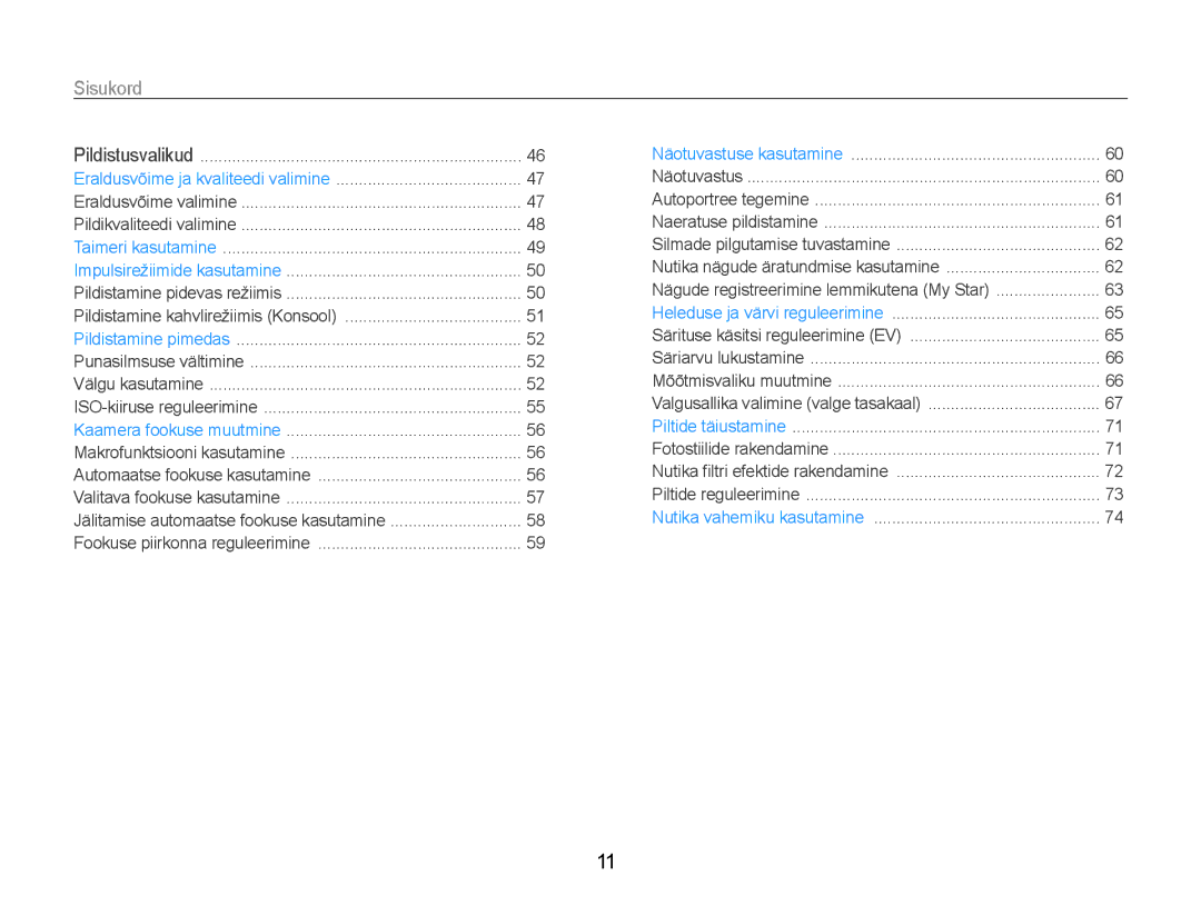 Samsung EC-EX1ZZZBPBRU manual Sisukord 