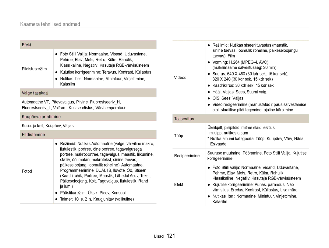 Samsung EC-EX1ZZZBPBRU manual Kaamera tehnilised andmed, Pildistusrežiim 