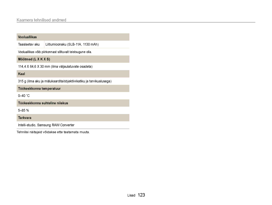 Samsung EC-EX1ZZZBPBRU manual Mõõtmed L X K X S 