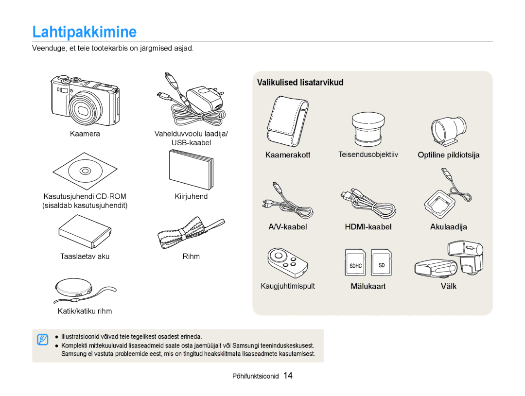 Samsung EC-EX1ZZZBPBRU manual Lahtipakkimine, Valikulised lisatarvikud 