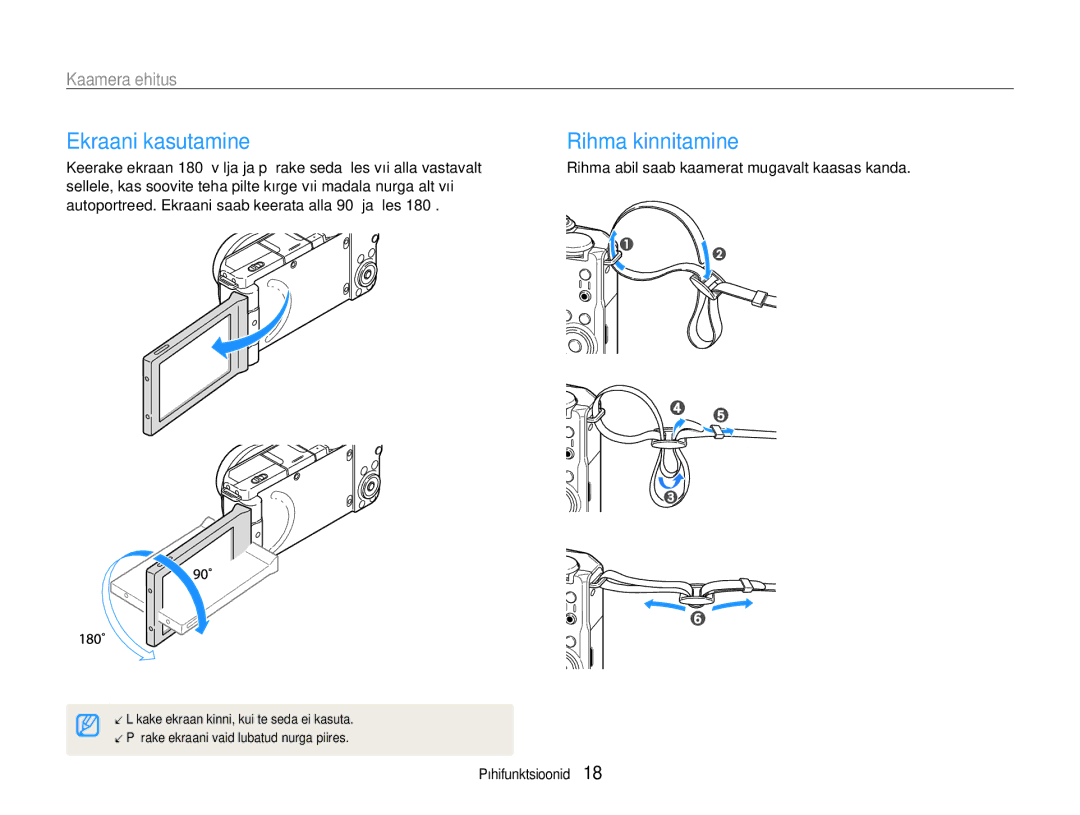 Samsung EC-EX1ZZZBPBRU manual Ekraani kasutamine, Rihma abil saab kaamerat mugavalt kaasas kanda 