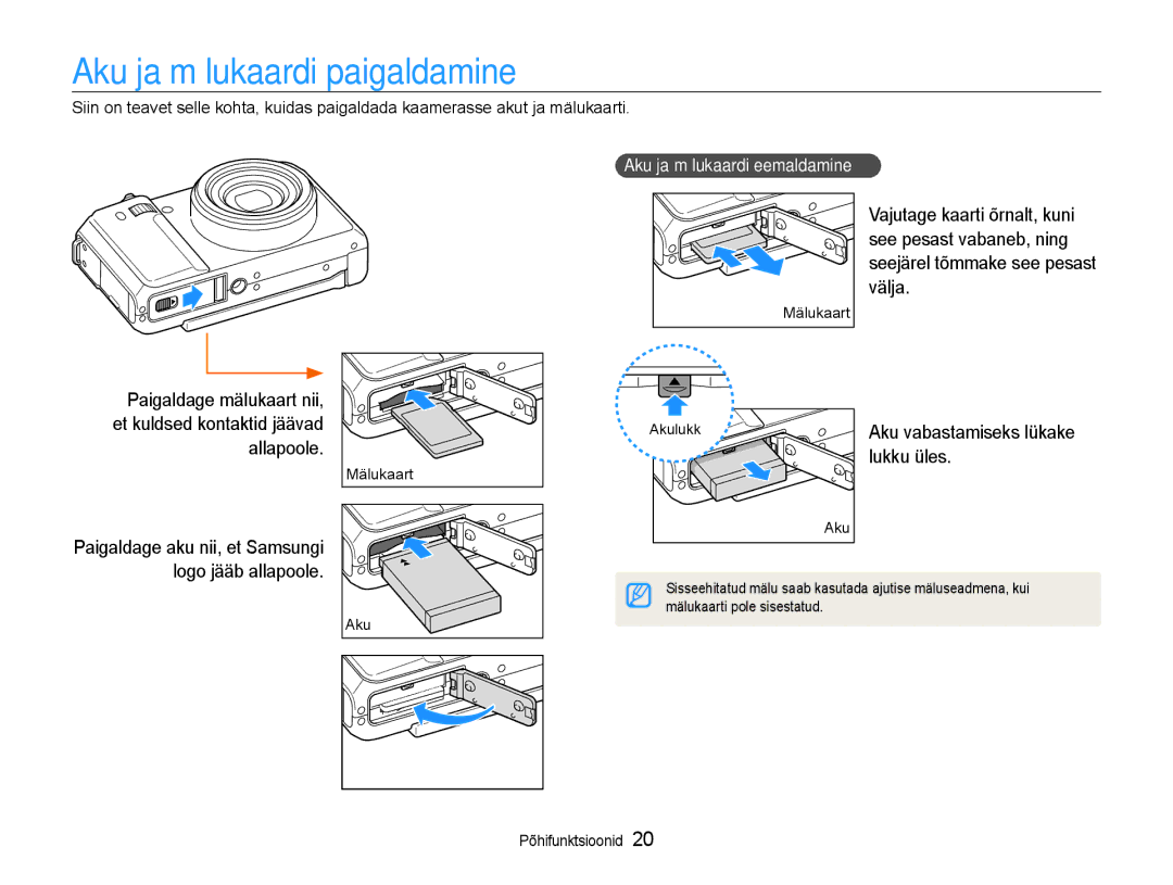 Samsung EC-EX1ZZZBPBRU manual Aku ja mälukaardi paigaldamine, Lukku üles, Aku ja mälukaardi eemaldamine 