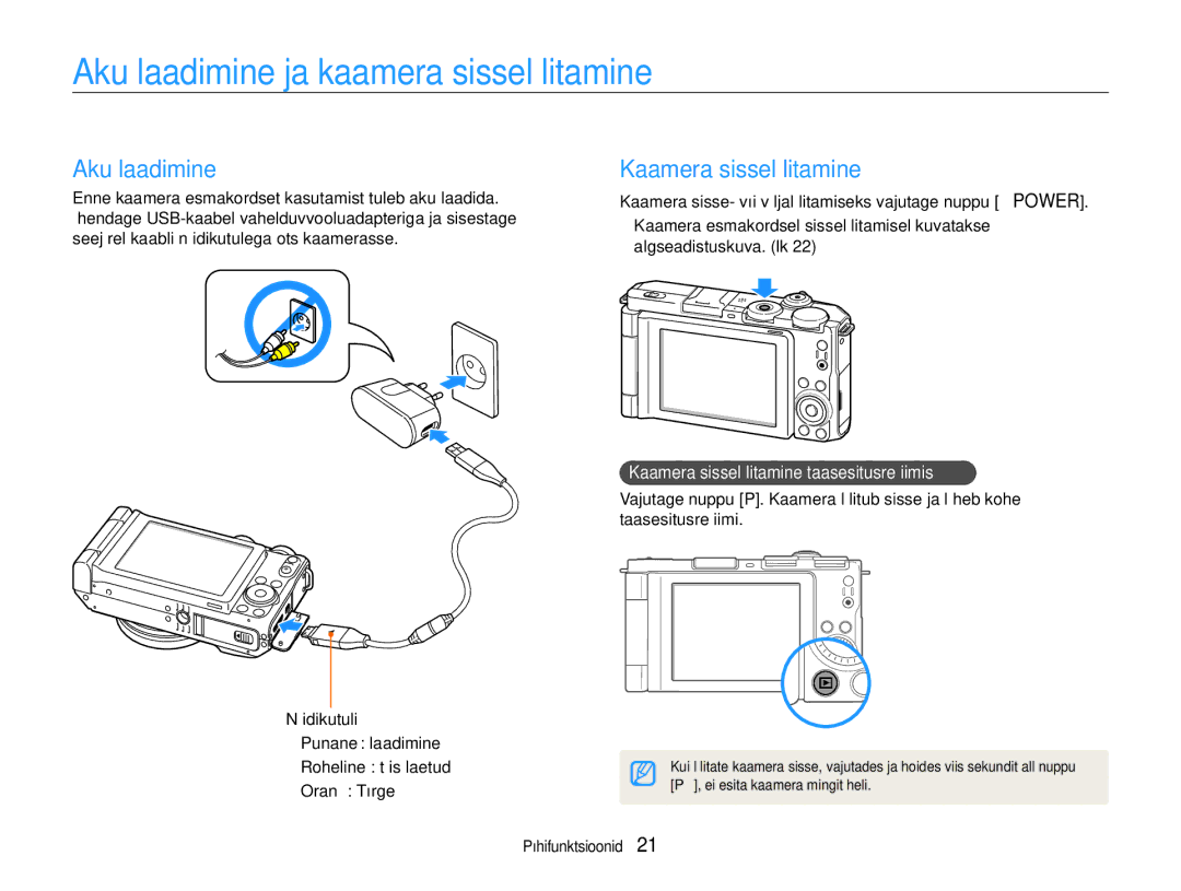 Samsung EC-EX1ZZZBPBRU manual Aku laadimine ja kaamera sisselülitamine, Kaamera sisselülitamine 