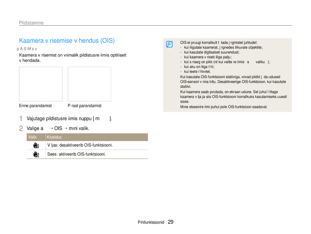 Samsung EC-EX1ZZZBPBRU manual Kaamera värisemise vähendus OIS, Väljas desaktiveerib OIS-funktsiooni 