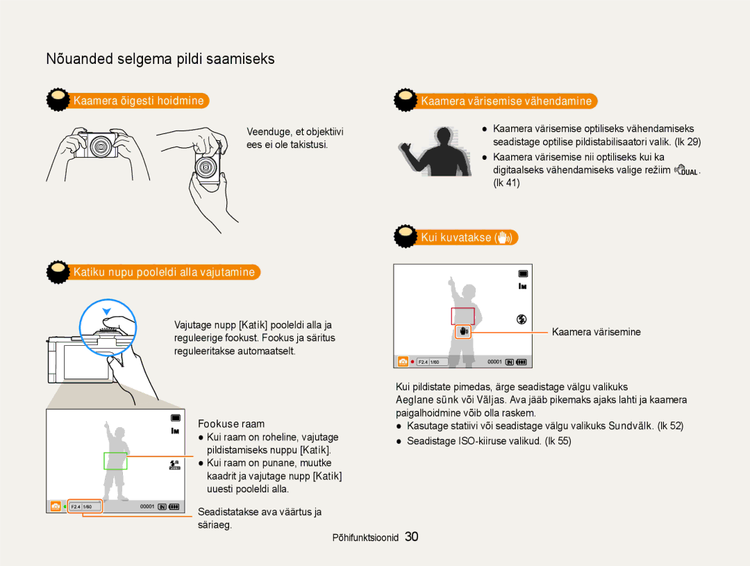 Samsung EC-EX1ZZZBPBRU manual Kaamera õigesti hoidmine, Kui kuvatakse Katiku nupu pooleldi alla vajutamine, Fookuse raam 