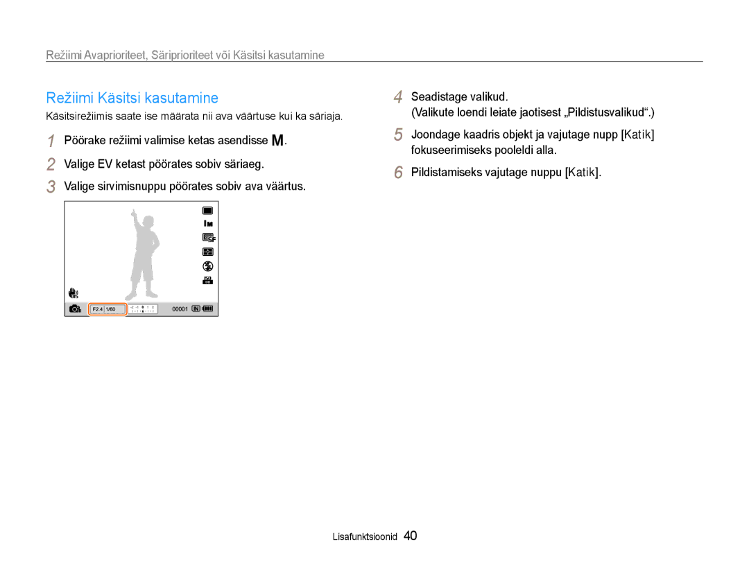 Samsung EC-EX1ZZZBPBRU manual Režiimi Käsitsi kasutamine 