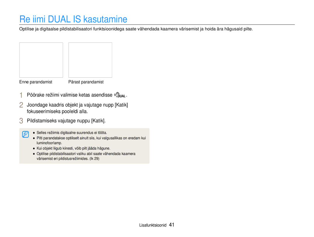 Samsung EC-EX1ZZZBPBRU manual Režiimi Dual is kasutamine 