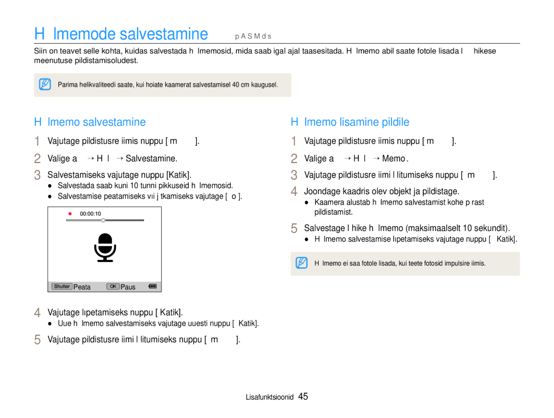 Samsung EC-EX1ZZZBPBRU manual Häälmemode salvestamine p a S M d s, Häälmemo salvestamine, Häälmemo lisamine pildile 