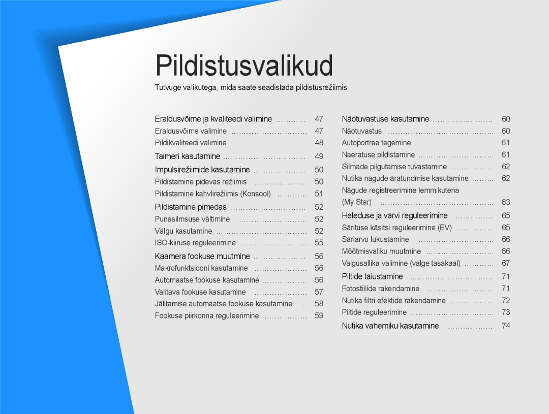 Samsung EC-EX1ZZZBPBRU manual Pildistusvalikud 