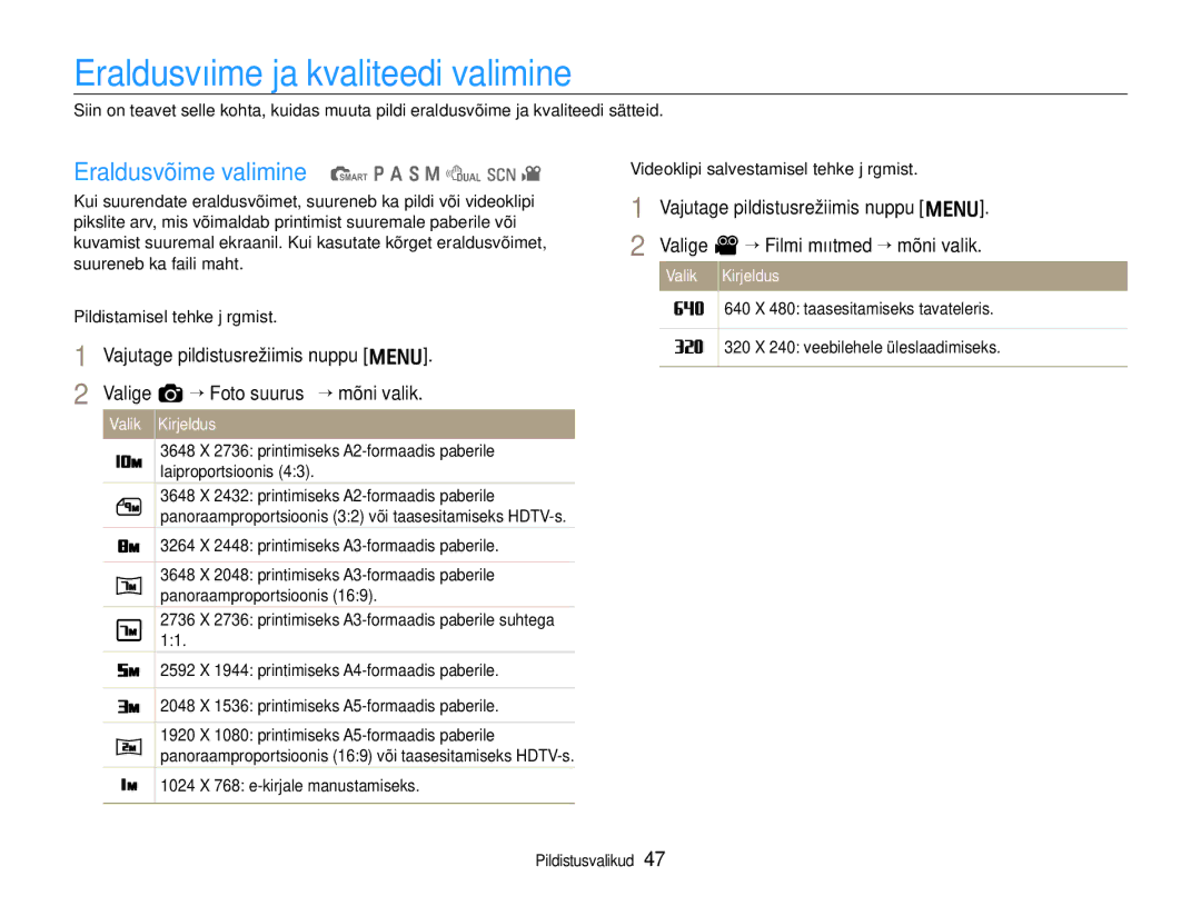 Samsung EC-EX1ZZZBPBRU manual Eraldusvõime ja kvaliteedi valimine, Eraldusvõime valimine t p a S M d s 