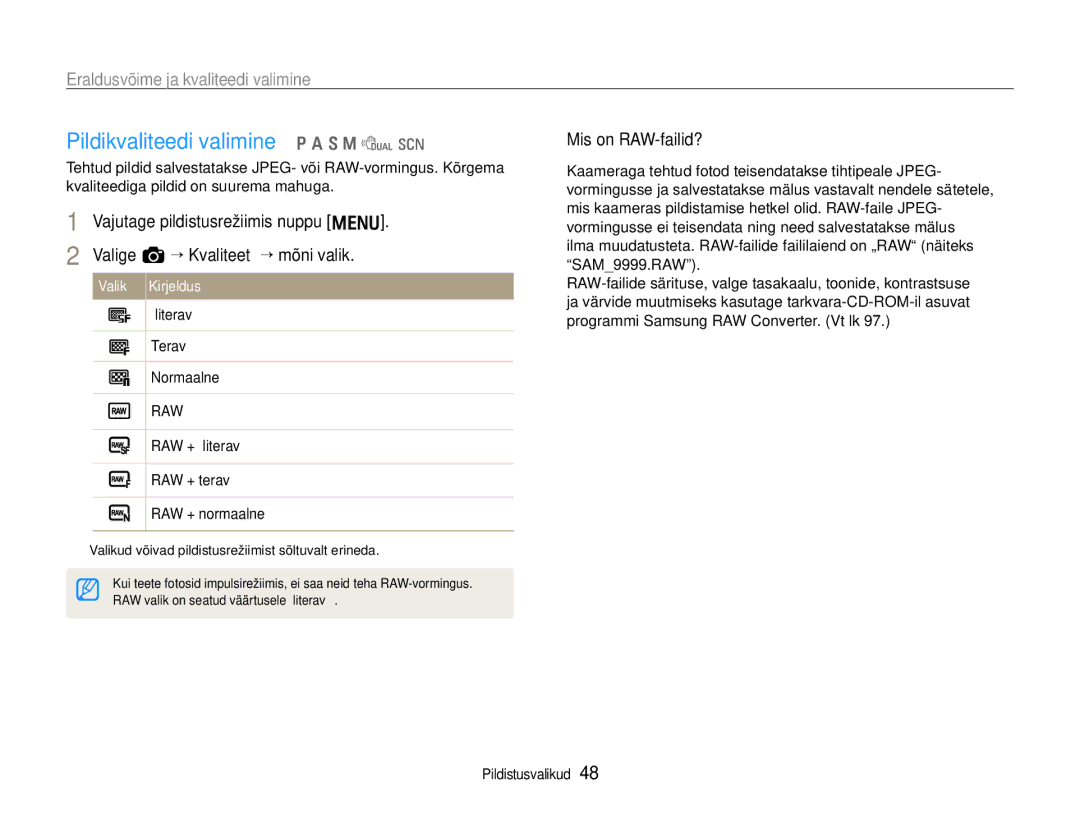 Samsung EC-EX1ZZZBPBRU manual Pildikvaliteedi valimine p a S M d s, Eraldusvõime ja kvaliteedi valimine, Mis on RAW-failid? 