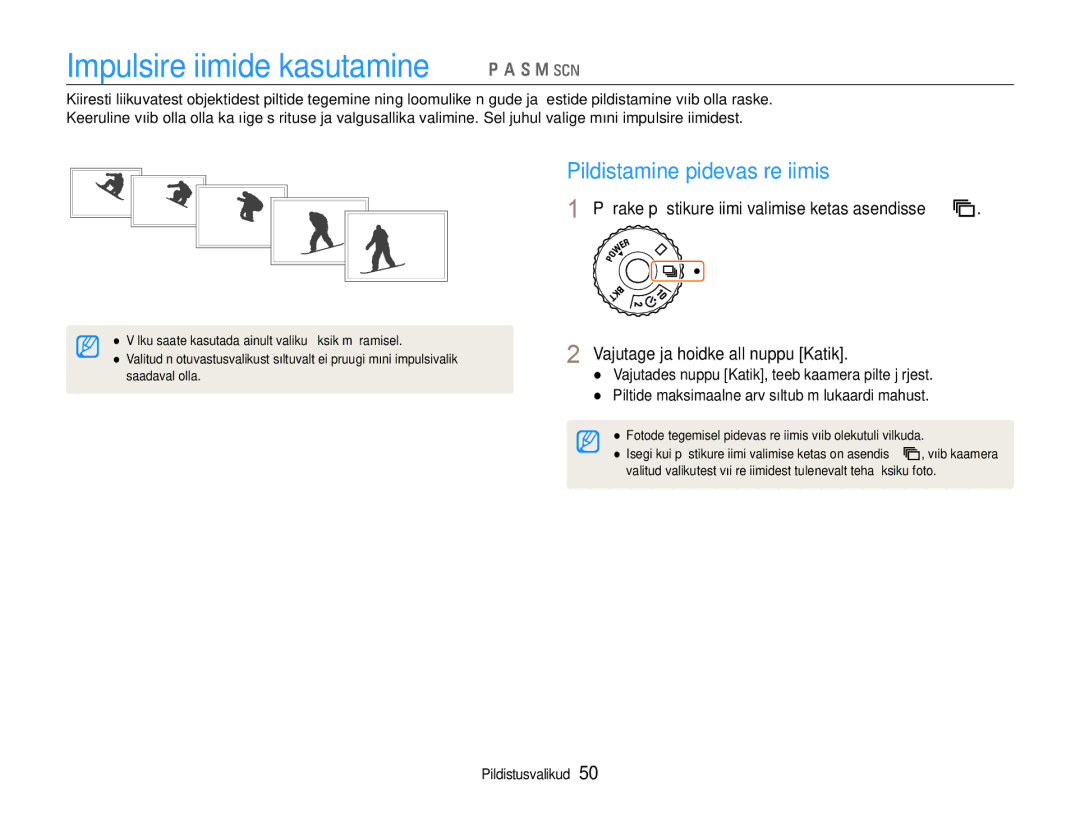 Samsung EC-EX1ZZZBPBRU manual Impulsirežiimide kasutamine p a S M s, Pildistamine pidevas režiimis 