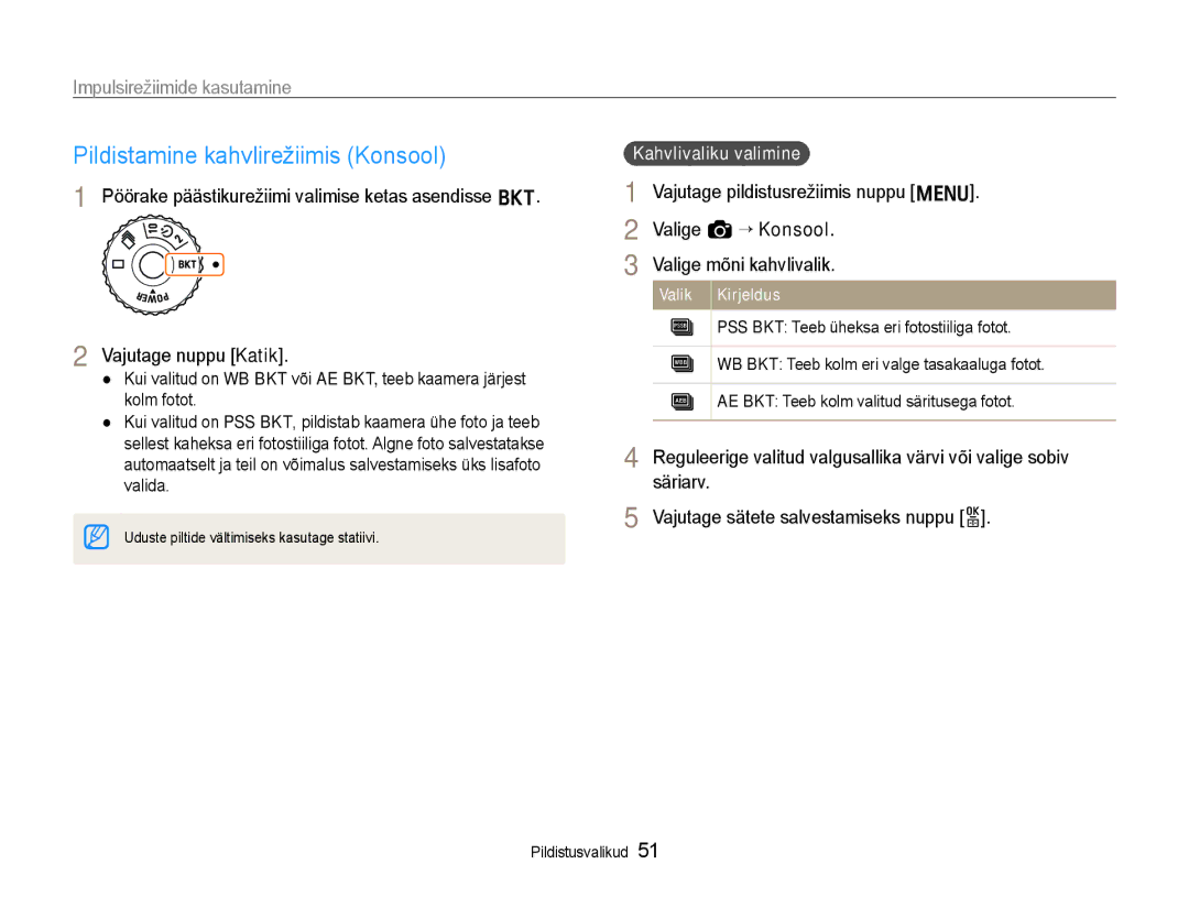 Samsung EC-EX1ZZZBPBRU manual Pildistamine kahvlirežiimis Konsool, Impulsirežiimide kasutamine, Kahvlivaliku valimine 