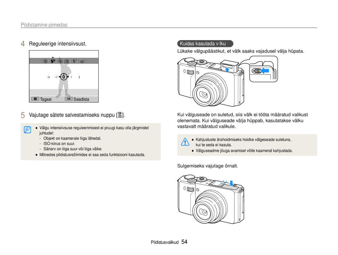 Samsung EC-EX1ZZZBPBRU manual Lükake välgupäästikut, et välk saaks vajadusel välja hüpata, Sulgemiseks vajutage õrnalt 