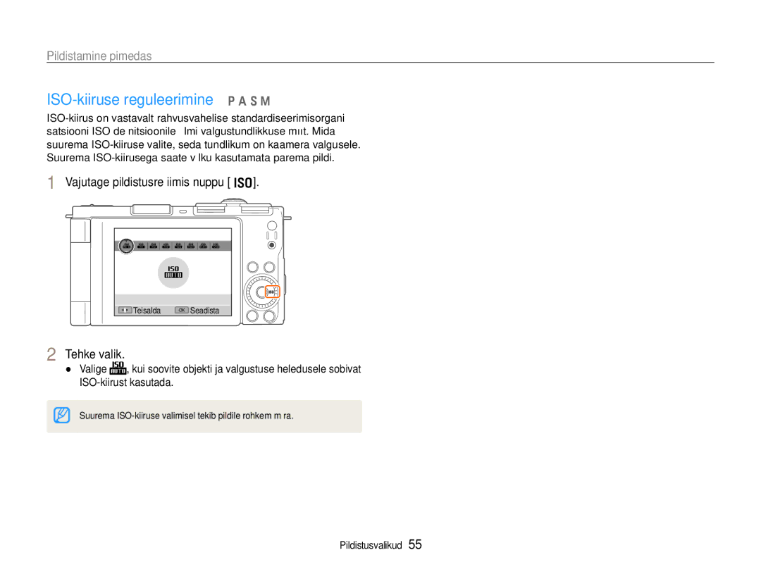 Samsung EC-EX1ZZZBPBRU manual ISO-kiiruse reguleerimine p a S M, Vajutage pildistusrežiimis nuppu 