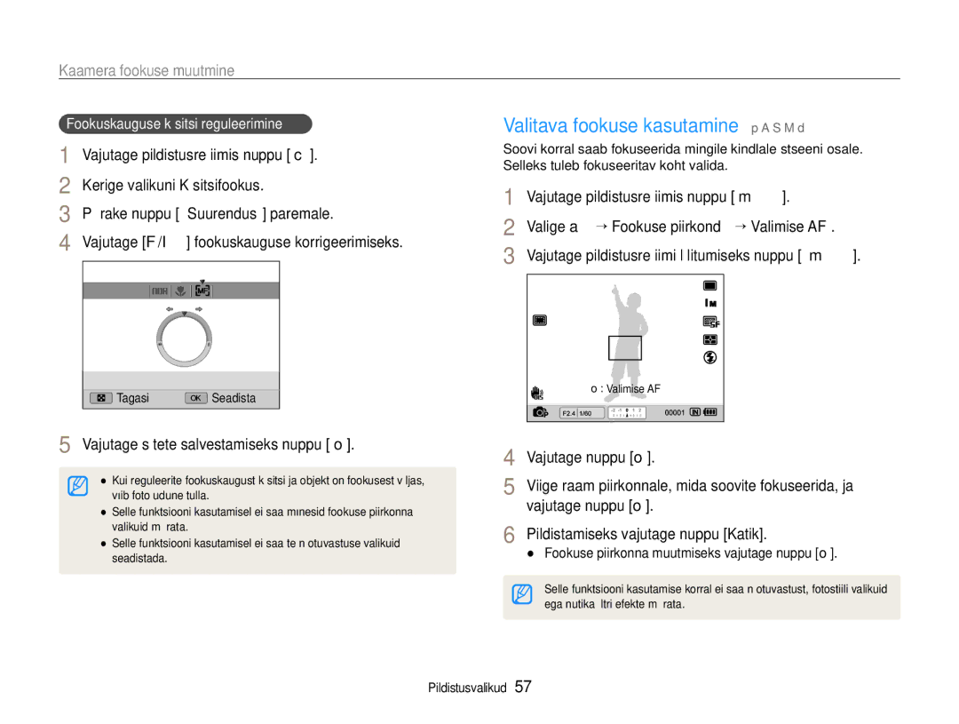 Samsung EC-EX1ZZZBPBRU manual Valitava fookuse kasutamine p a S M d, Kaamera fookuse muutmine 