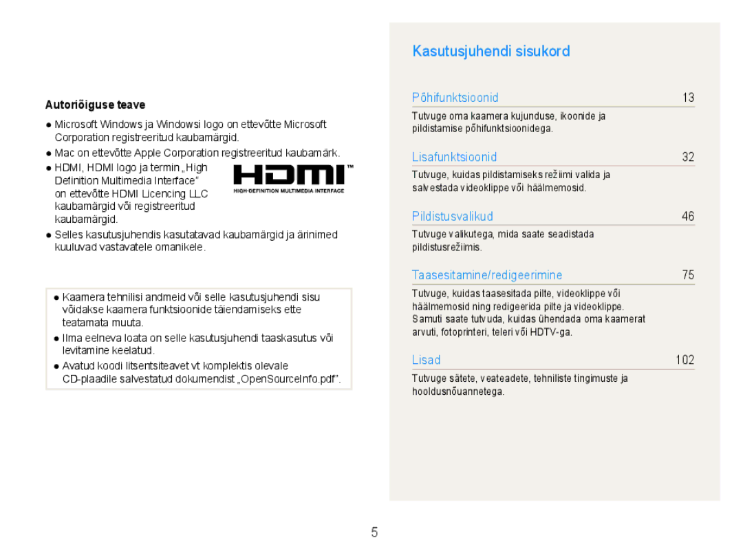 Samsung EC-EX1ZZZBPBRU manual Kasutusjuhendi sisukord, Autoriõiguse teave 